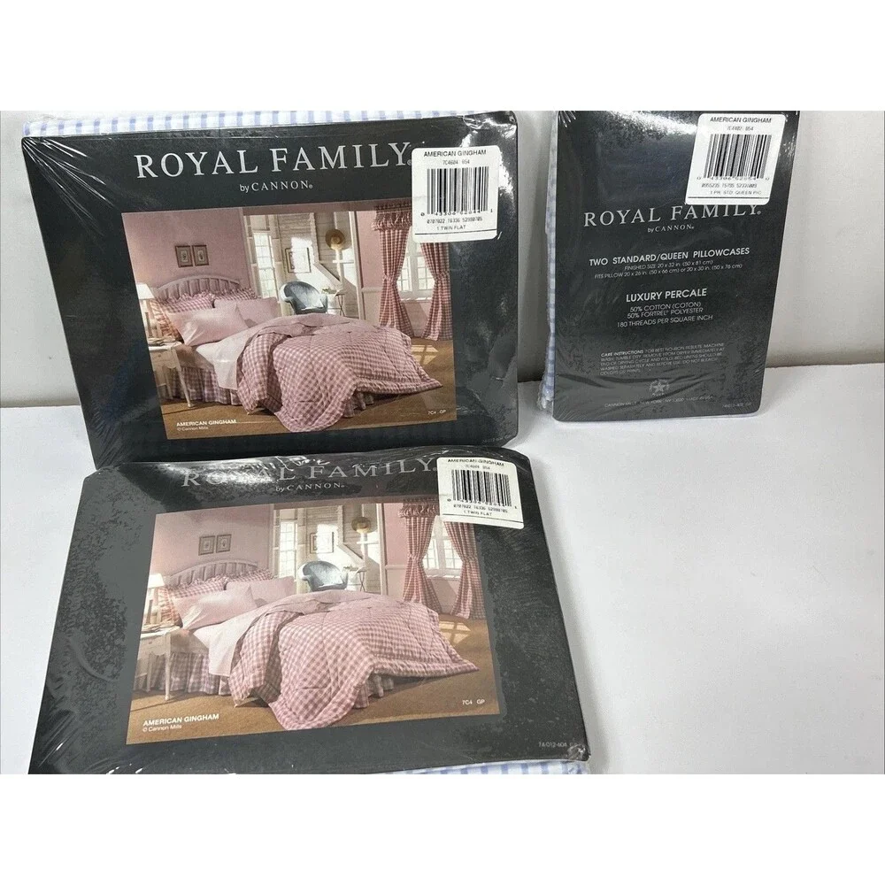 Vtg Royal Family Cannon 2 Twin Flat Sheet 2 Queen Pillowcase Blue Gingham NOS